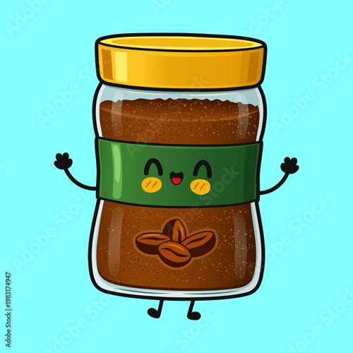 Cute instant coffee jar mascot waving arms