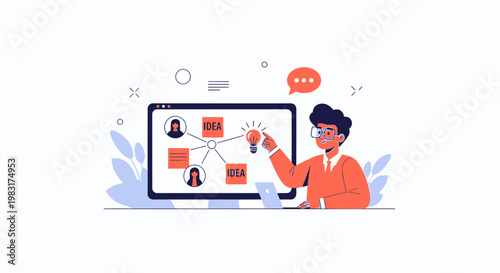 Man presenting idea flowchart on screen, teamwork and brainstorming concept