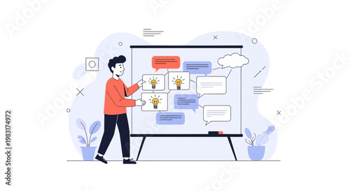 Man presenting ideas on a whiteboard with lightbulbs and speech bubbles