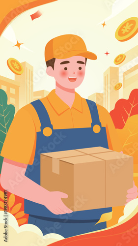 A hardworking delivery man carrying a package during Labor Day