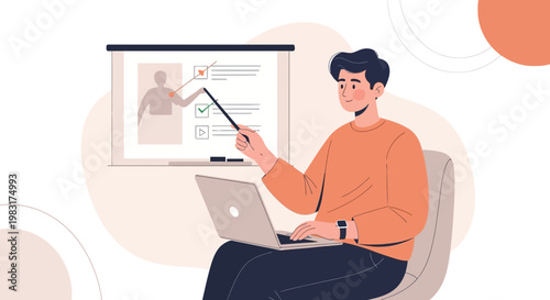Man presenting online course on laptop with checklist on screen