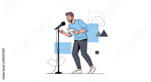 Man Speaking at Microphone, Holding Tablet, Gesturing with Hands, Abstract Shapes Background