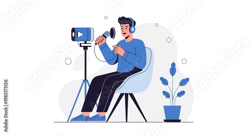 Man recording podcast with microphone and camera, sitting in a chair, modern flat illustration
