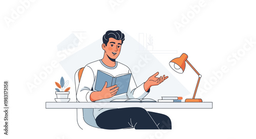Man Studying at Desk with Lamp and Plant, Illustration