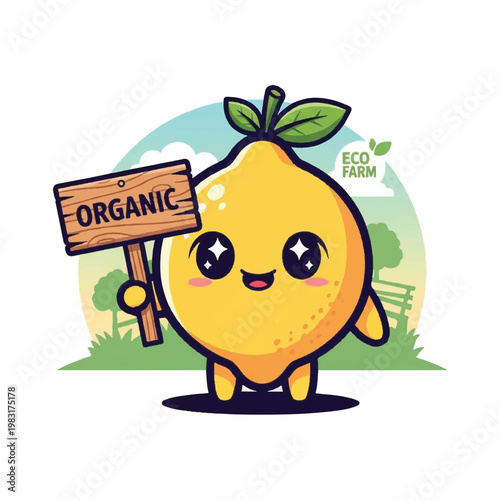 Smiling Cartoon Lemon Character Holding Sign.