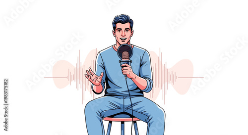 Man Speaking into Microphone with Sound Waves - Podcasting, Voiceover, Interview