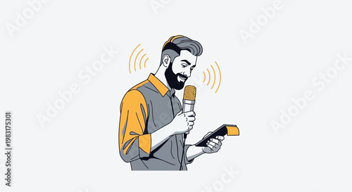 Man with beard speaking into microphone, holding tablet and stylus, sound waves emanating