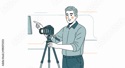 Man with Camera on Tripod Points to Screen, Photography Concept