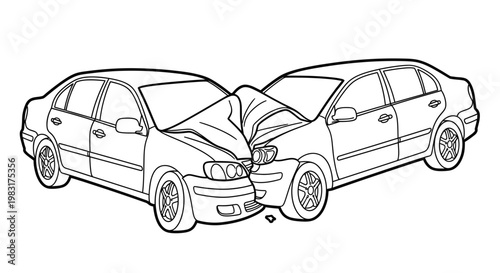 Car Accident Collision Vector Illustration, Two Sedans Crashing Head-On, Minimalist Black and White Line Art Graphic for Traffic Safety and Insurance Concepts