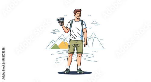 Man with Camera Filming Mountains and River - Travel Vlogger