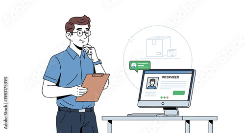 Man with clipboard and computer screen showing interview and package icons, business concept