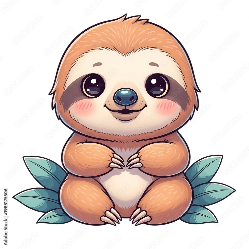 Obraz premium Cute Baby Sloth Illustration, Adorable Cartoon Animal, Kawaii Style, Sitting on Leaves
