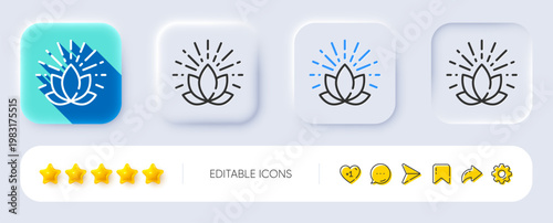 Lotus line icon. Neumorphic, Flat shadow, 3d buttons. Yoga meditation flower sign. Mind relax and peace symbol. Line lotus icon. Social media icons. Vector