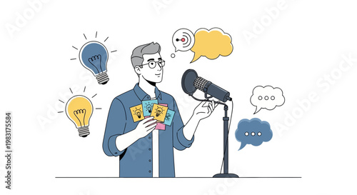 Man with Ideas and Microphone for Podcast or Presentation