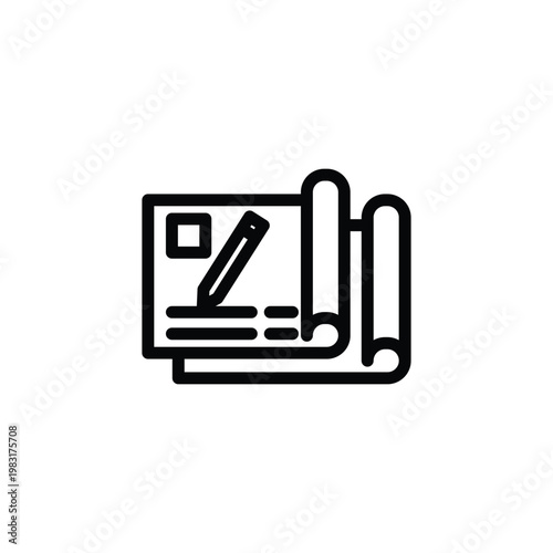 Line art icon depicting architectural blueprints or design documents with a pencil drawing on a sheet of paper.