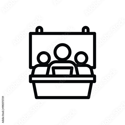 Line art icon depicting a group of three people sitting at a table in front of a board, symbolizing a meeting or presentation.