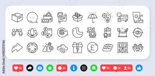 Cashew nut, Money box and Metro map line icons pack. Social media: share, comment, like icons. Cloud sync, Seo idea, Account web icon. Hold box, Social distancing, Money wallet pictogram. Vector
