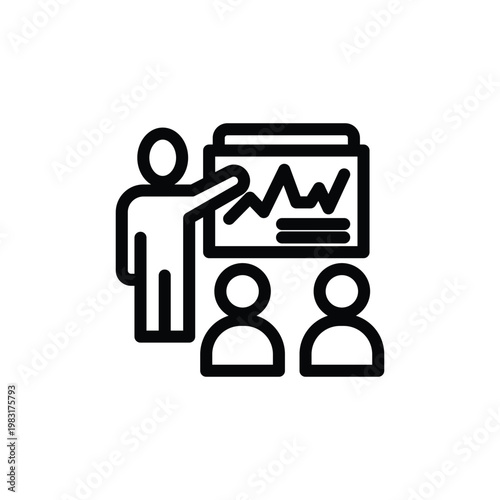 An icon depicting a person giving a presentation with a graph on a screen to two seated individuals.
