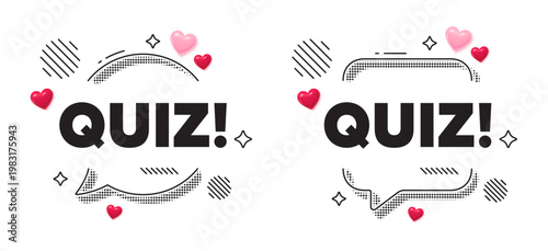 Quiz chat speech bubble. Social media concept. Quiz tag. Answer question sign. Examination test symbol. 3d hearts chat bubble. Vector