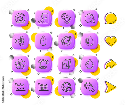 Natural linen, Dot plot and Lotus line icons. App 3d buttons. Social media comment, share, like icons. Pack of Reminder, Swipe up, Time management icon. Seo gear, Timer, Inspect pictogram. Vector
