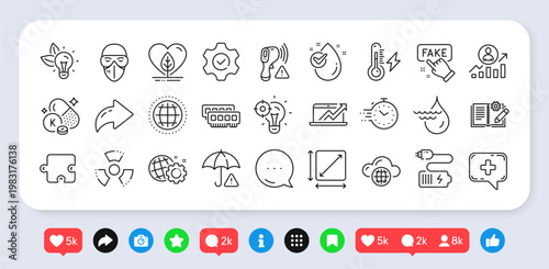 Water drop, Timer and Cloud computing line icons pack. Social media: share, comment, like icons. Execute, Medical mask, Seo idea web icon. Ram, Fake information, Puzzle pictogram. Vector