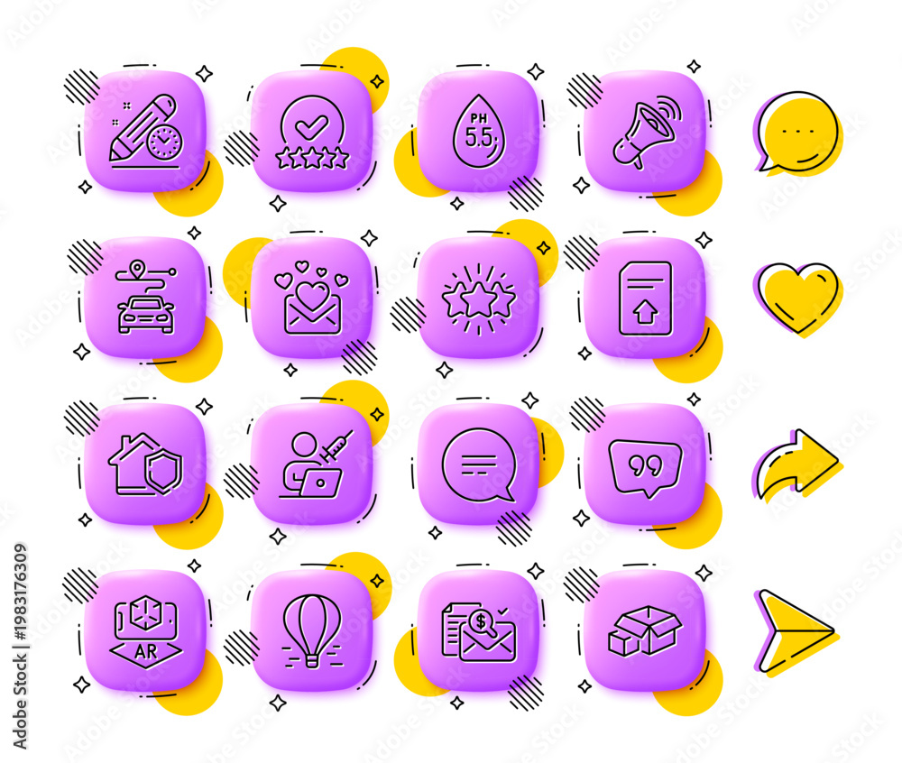Obraz premium Love mail, Rating stars and Upload file line icons. App 3d buttons. Social media comment, share, like icons. Pack of Star, Journey, Air balloon icon. Vector