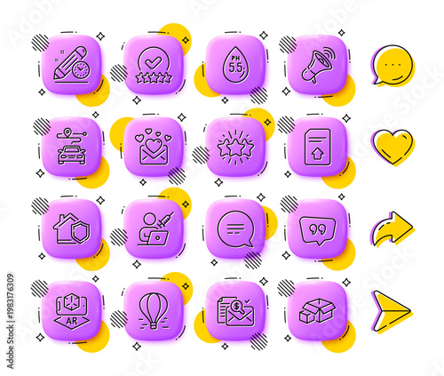 Love mail, Rating stars and Upload file line icons. App 3d buttons. Social media comment, share, like icons. Pack of Star, Journey, Air balloon icon. Vector