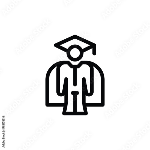 A minimalist black and white line art icon representing a person in a graduation cap and gown.