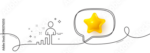 Stats line icon. Continuous line with 3d star. Business management sign. Best employee symbol. 3d star in speech bubble. Stats single line ribbon. Loop curve pattern. Vector