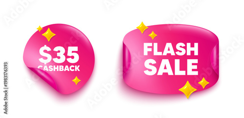 Cashback sticker tag. Flash offer paper price banner. 35 Usd cashback. Money back offer sign. Cash back promo symbol. Discount sticker with 3d glitter. Vector
