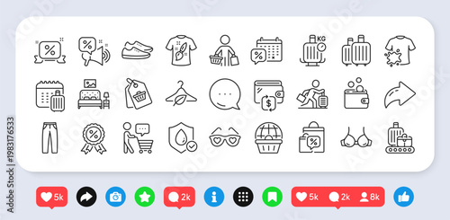 Buyer, Travel delay and Wallet line icons pack. Social media: share, comment, like icons. Discounts ribbon, Sale bags, Discounts offer web icon. Waterproof, Sale tag, Online shopping pictogram. Vector