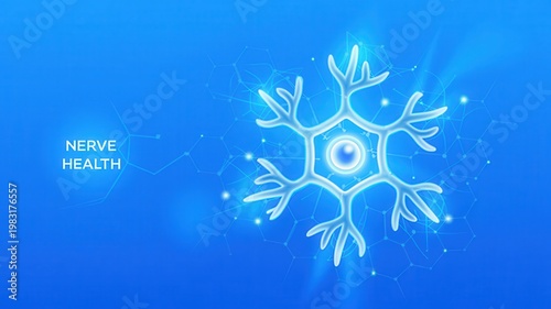 Glowing neuron cell on blue background representing nerve health and wellness concept