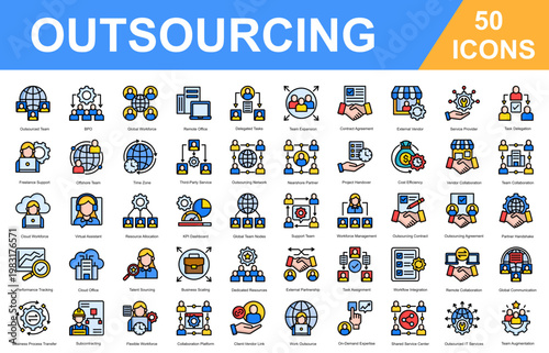 Outsourcing Editable Icons set. Vector illustration in modern thin color style of business related icons