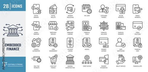 embedded finance icon set. Icons related to user verification, identity check, fraud detection, account linking, open banking, pay later, payment. Vector illustration with editable stroke