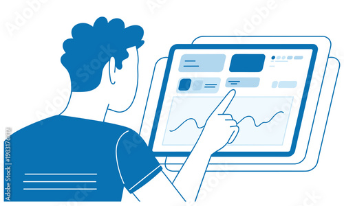 Vector graphic of a man interacting with a large tablet displaying a graph and various design elements on the screen interface