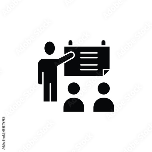 A black and white icon depicting a teacher pointing at a board with two students watching.