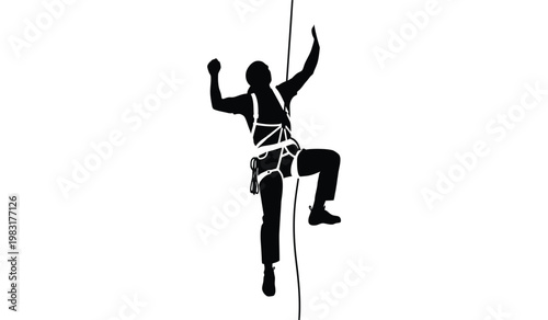 A dynamic black silhouette depicts a rock climber ascending a vertical surface with visible gear showcasing strength and determination silhouette high quality professional detailed