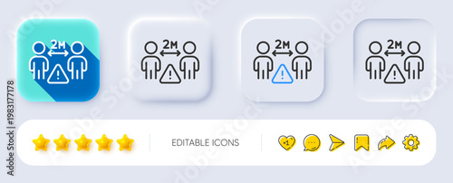Social distance line icon. Neumorphic, Flat shadow, 3d buttons. People isolation sign. Prevention rules symbol. Line social distance icon. Social media icons. Vector
