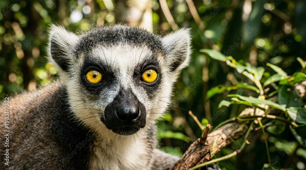 Fototapeta premium Close up portrait of lemur with bright yellow eyes looking at camera