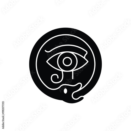 A stylized black and white illustration of the Eye of Horus symbol with a snake.