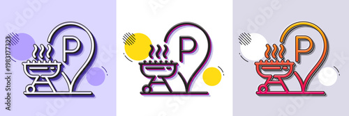 Grill place line icon. Halftone dotted pattern. Gradient icon with grain shadow. Barbecue cooker for cooking food sign. Hot meat brazier symbol. Line grill place icon. Various designs. Vector