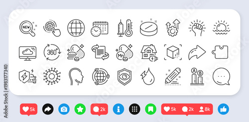 Eye detect, Hydroelectricity and Coronavirus line icons pack. Social media: share, comment, like icons. Seo gear, Overeating pills, Puzzle web icon. Home charging, Head, Globe pictogram. Vector