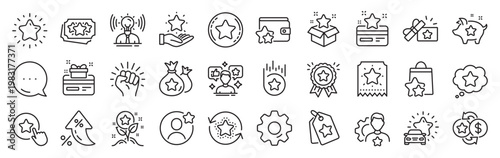 Loyalty program line icons. Settings gear, Message, Inflation icons. Bonus card, Redeem gift and discount coupon signs. Lottery ticket, Earn reward and winner gift icons. Vector