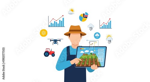 Farmer uses smart technology in agriculture, showcasing modern farming with drones, data analytics, and precision cultivation for enhanced crop yields