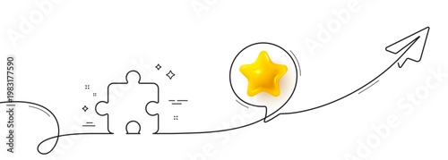 Puzzle piece line icon. Continuous line with share plane. Jigsaw game shape sign. Business strategy element. 3d star in speech bubble. Puzzle single line ribbon. Loop curve pattern. Vector