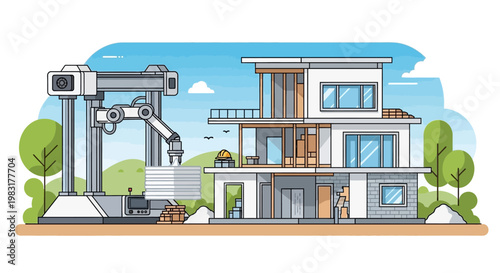 Innovative 3D printing technology constructing a modern sustainable house with robotic arm in an eco-friendly environment