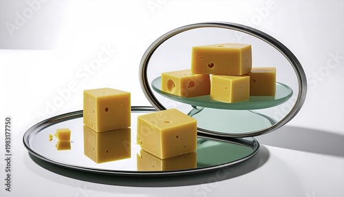 Cheese cubes and mirror reflection on a metallic tray, studio shot.