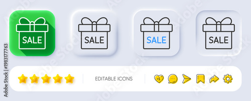 Gift box line icon. Neumorphic, Flat shadow, 3d buttons. Present or Sale sign. Birthday Shopping symbol. Package in Gift Wrap. Line sale offer icon. Social media icons. Vector