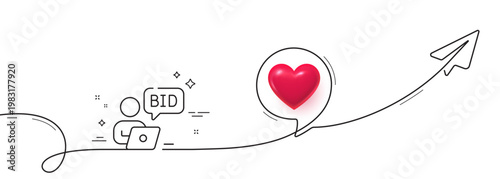 Online auction line icon. Continuous line with share plane. Bid offer sign. Raise the price up symbol. 3d heart in speech bubble. Online auction single line ribbon. Loop curve pattern. Vector