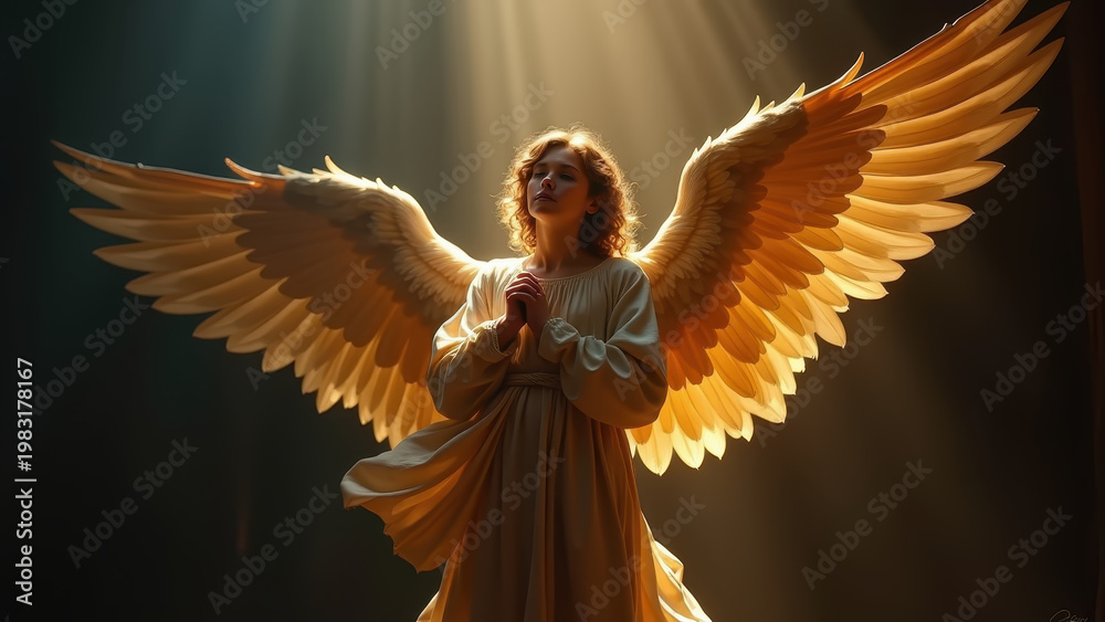 Fototapeta premium Angel Gabriel with golden wings in divine light